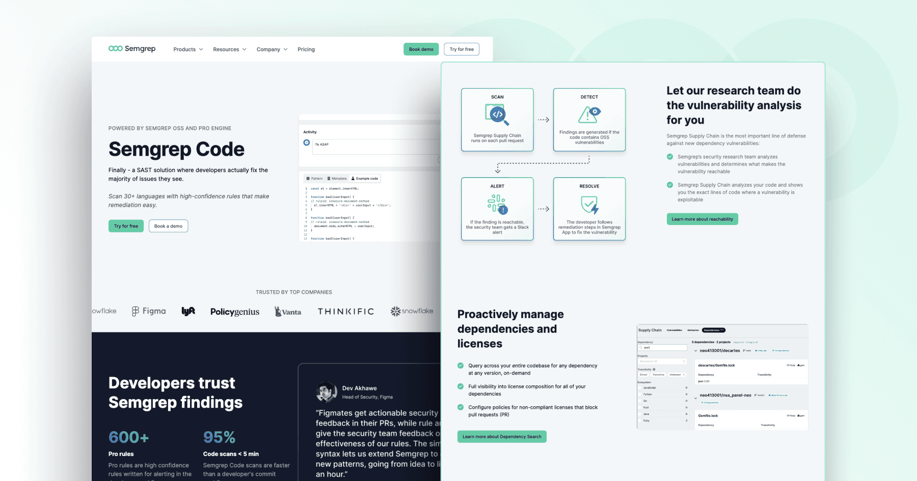 Semgrep Code website showcasing SAST solutions for developers, featuring analysis, alerts, and code scanning capabilities.