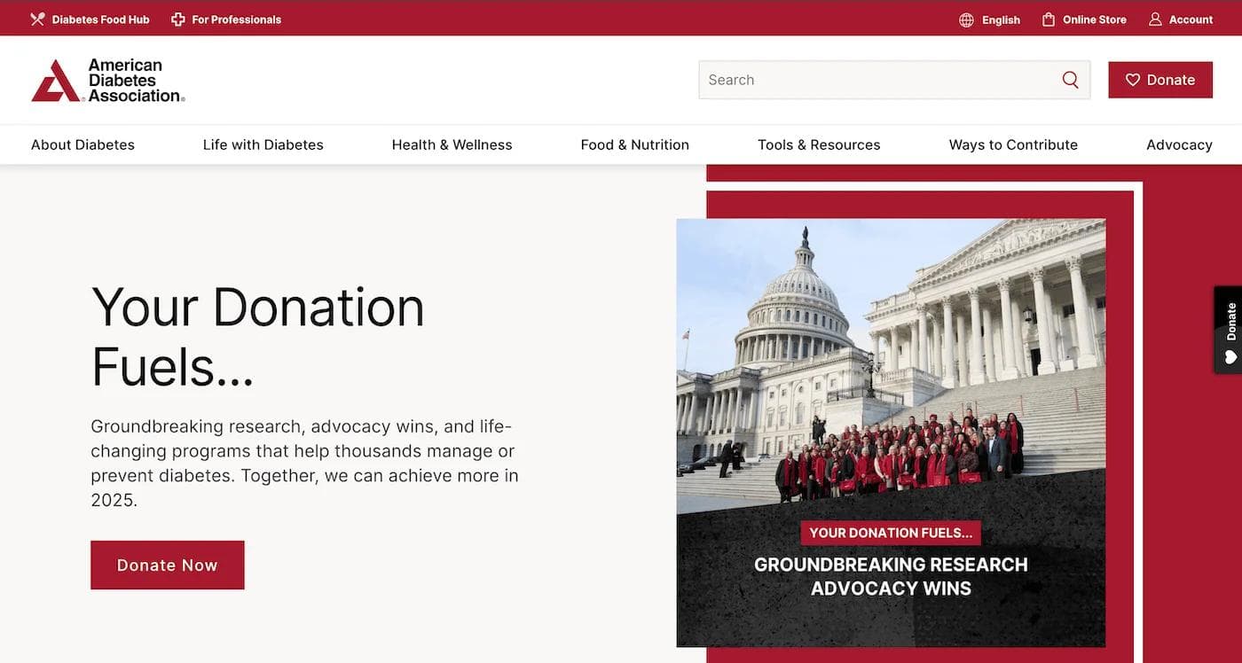 ada hp American Diabetes Association webpage urging donations to support diabetes research and advocacy efforts.