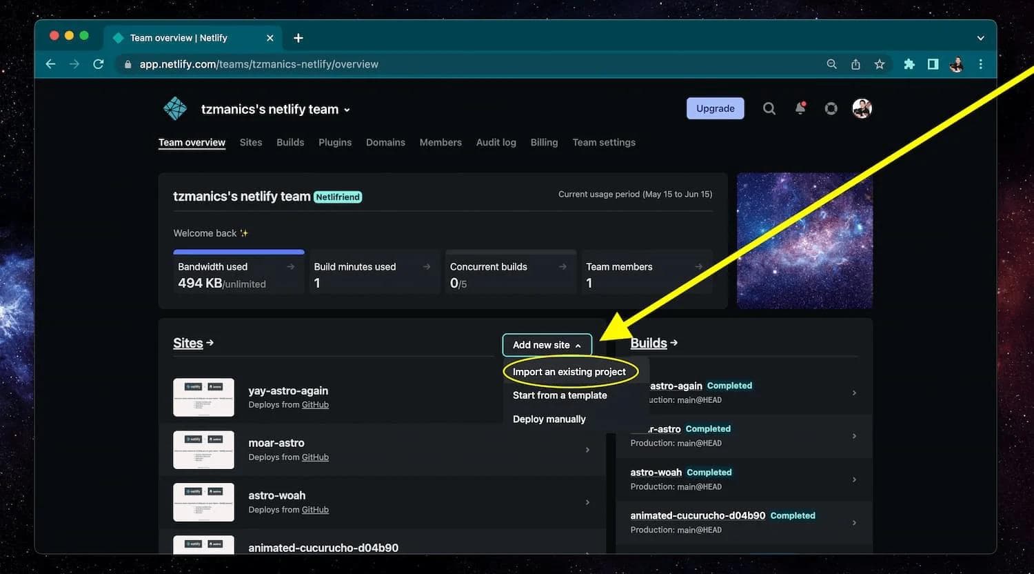 netlify-dashboard Netlify dashboard showing team overview, project imports, and site build information against a galaxy background.