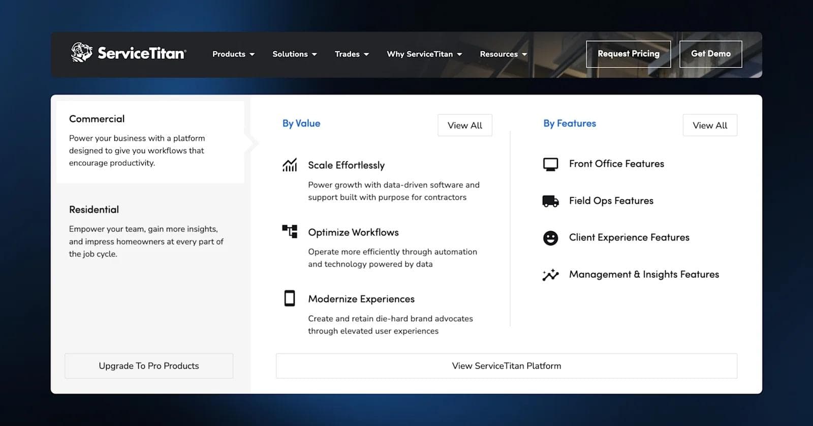 ServiceTitan nav bar ServiceTitan platform overview, highlighting features for commercial and residential sectors to enhance productivity.