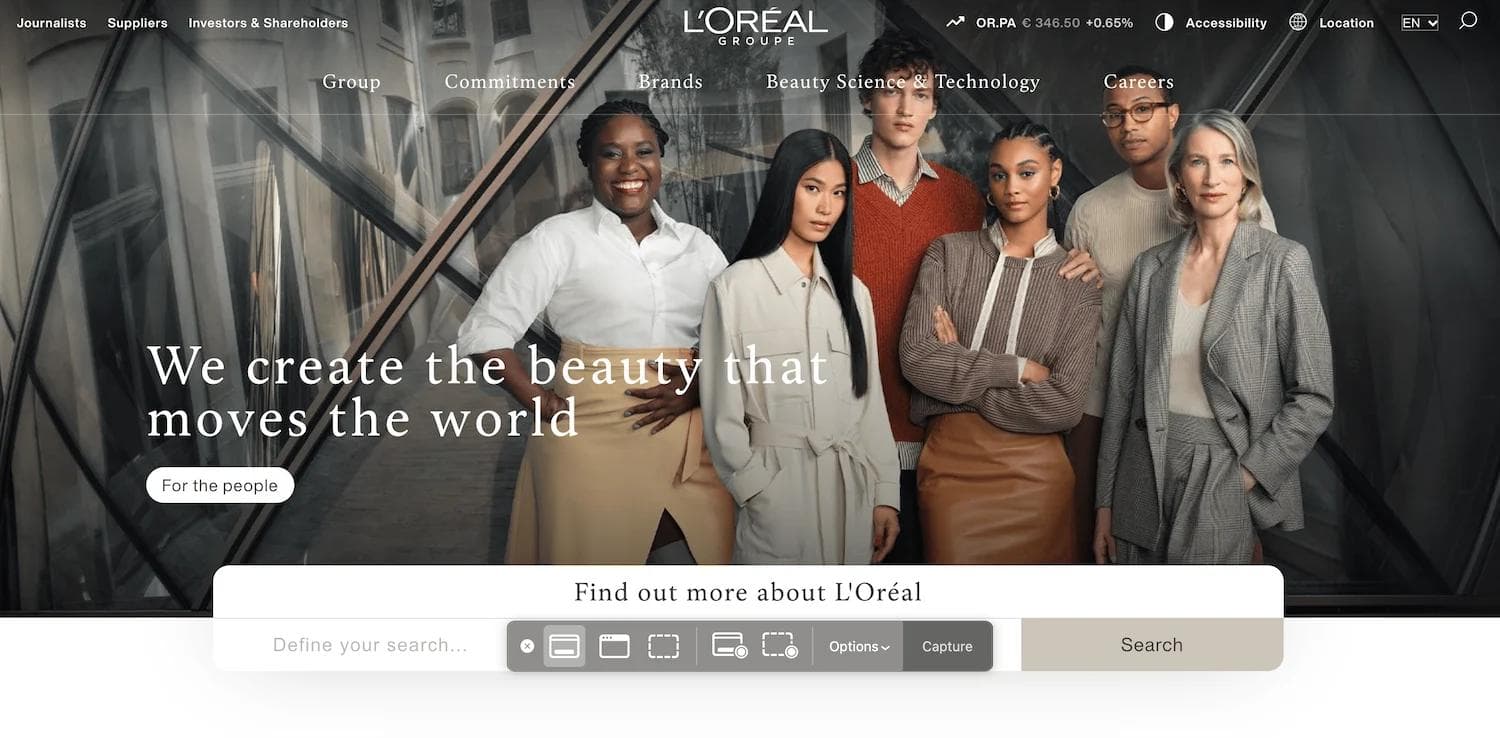 loreal homepage L'Oréal's website showcasing diverse models with the tagline "We create the beauty that moves the world."