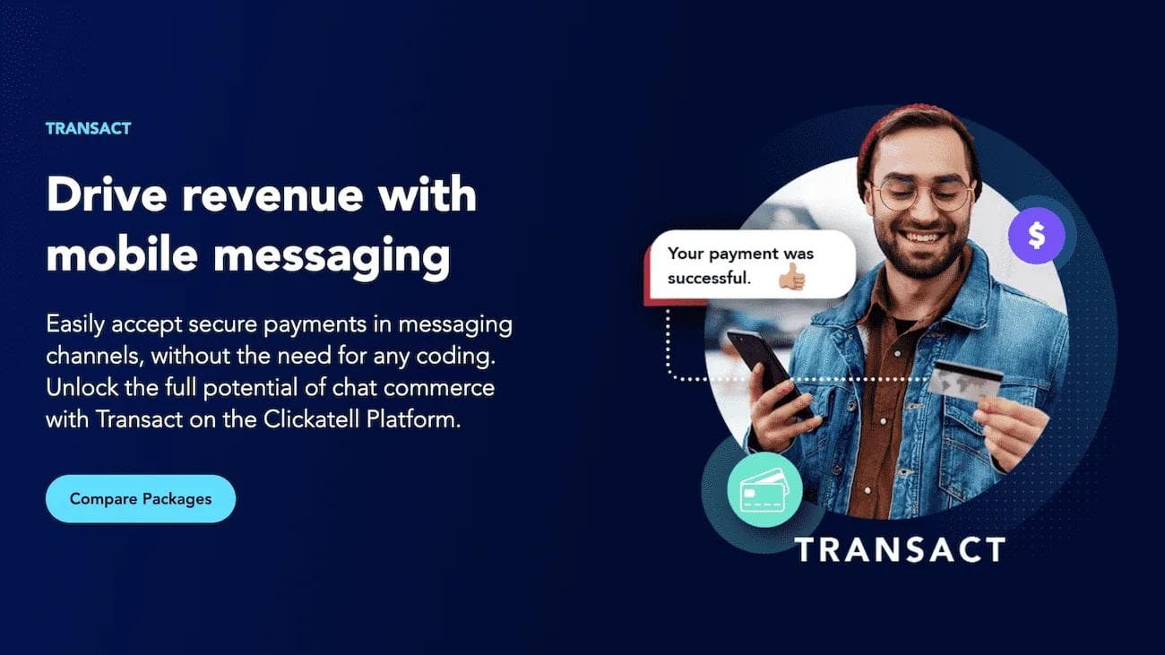 clickatell-switchback-component Man smiling at his phone, with a message about a successful payment and options for mobile messaging commerce.