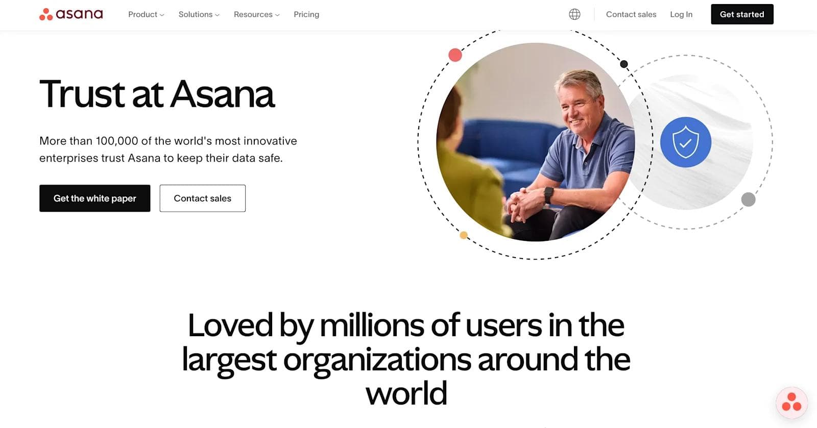 asana trust center Asana homepage highlighting data security and user trust among enterprises, with key calls to action.