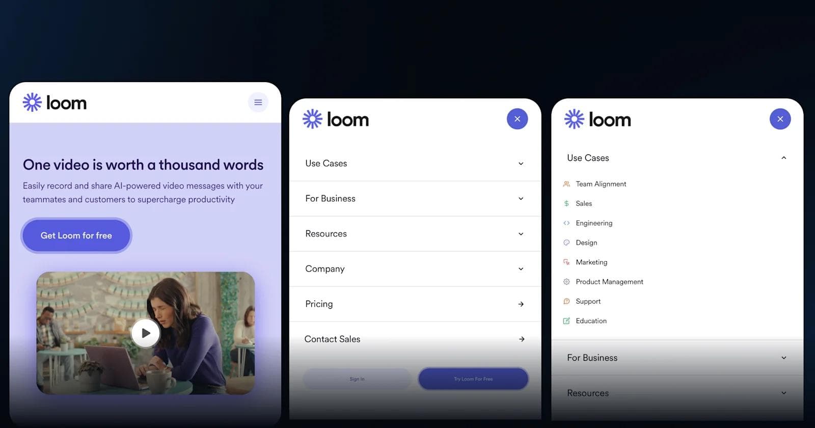 Loom Mobile Menu Design Loom website interface showcasing features for recording and sharing video messages for enhanced productivity.