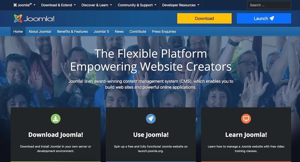 joomla Joomla! homepage showcasing the platform for website creators with download and launch options.