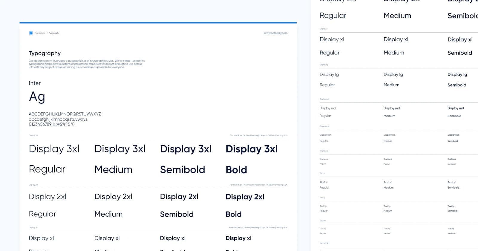 Calendly-Case-Study-Atoms Typography layout showcasing various styles and weights of the Inter font, including Display and Text variations.