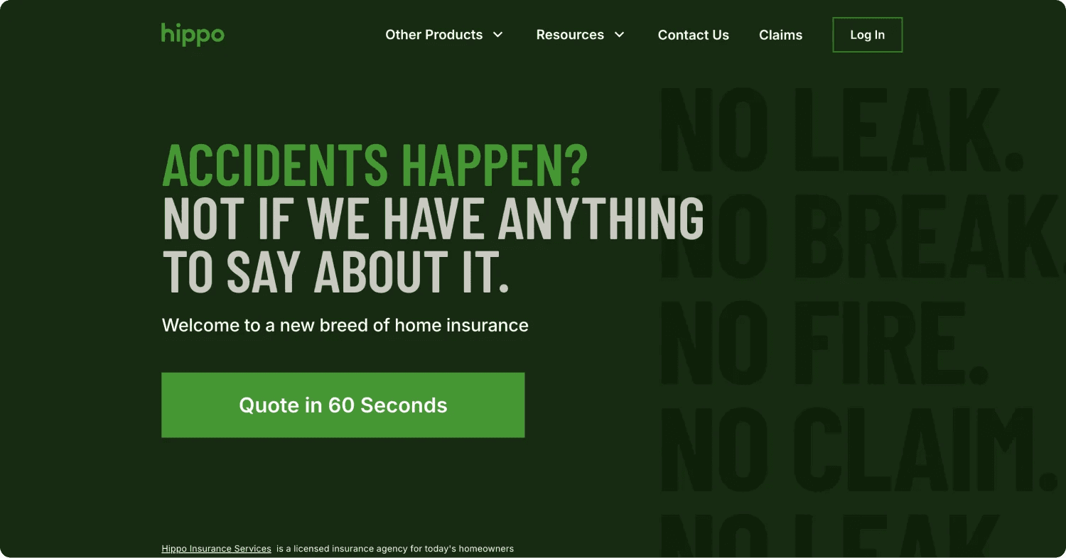 hippo homepage Homepage for Hippo Insurance with text on home insurance and a quote button.