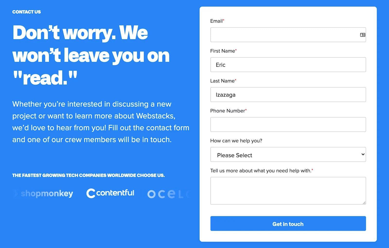 Form 1 An image of the Webstacks contact form on the contact page.