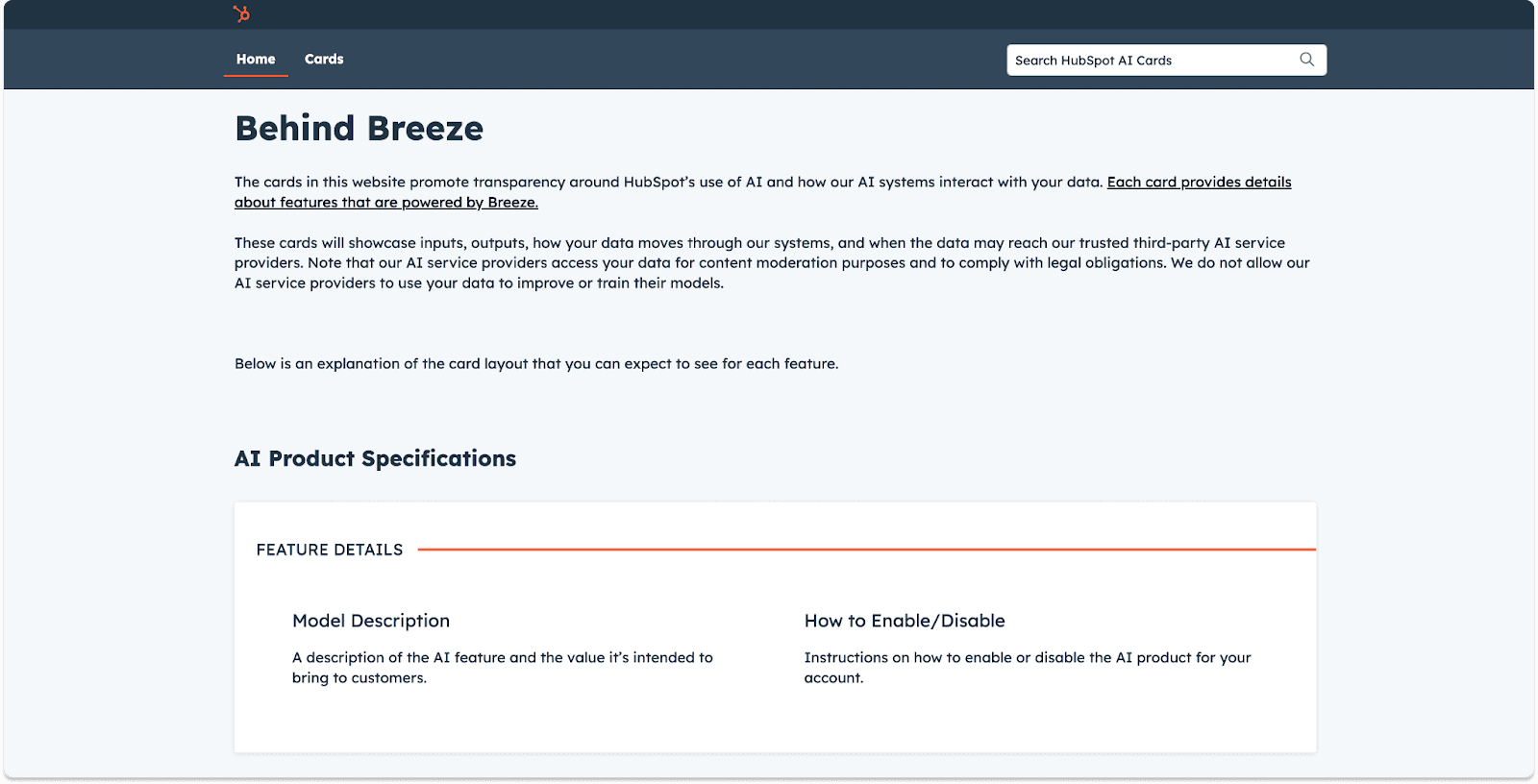 Website section detailing AI features, including specifications and instructions for enabling or disabling products.
