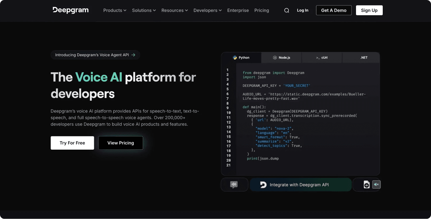 deepgram homepage Deepgram's Voice AI platform for developers showcasing coding examples and API integration options.