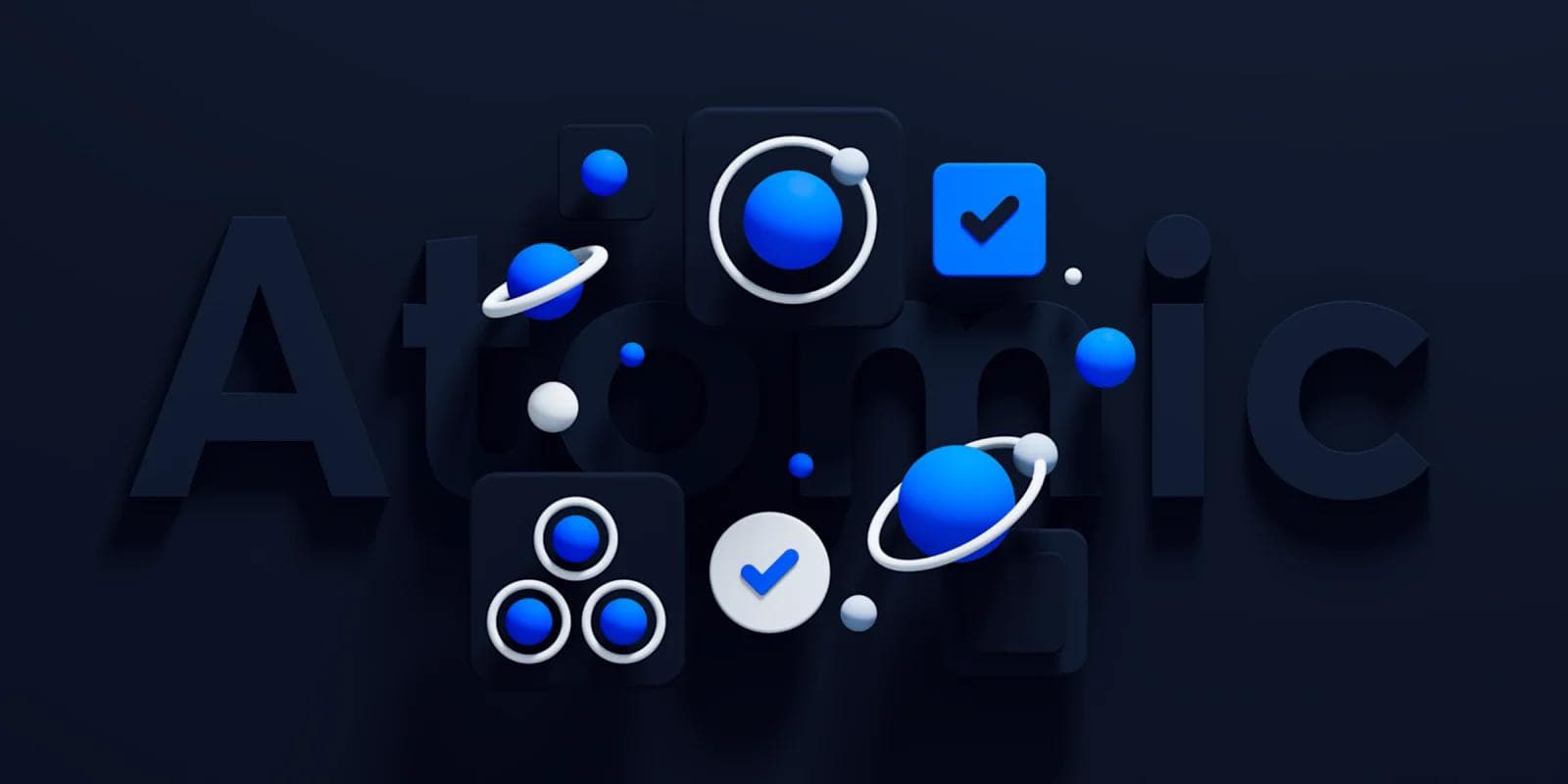 Abstract design featuring blue spheres and geometric shapes on a dark background, with the word "Atomic" subtly in view.