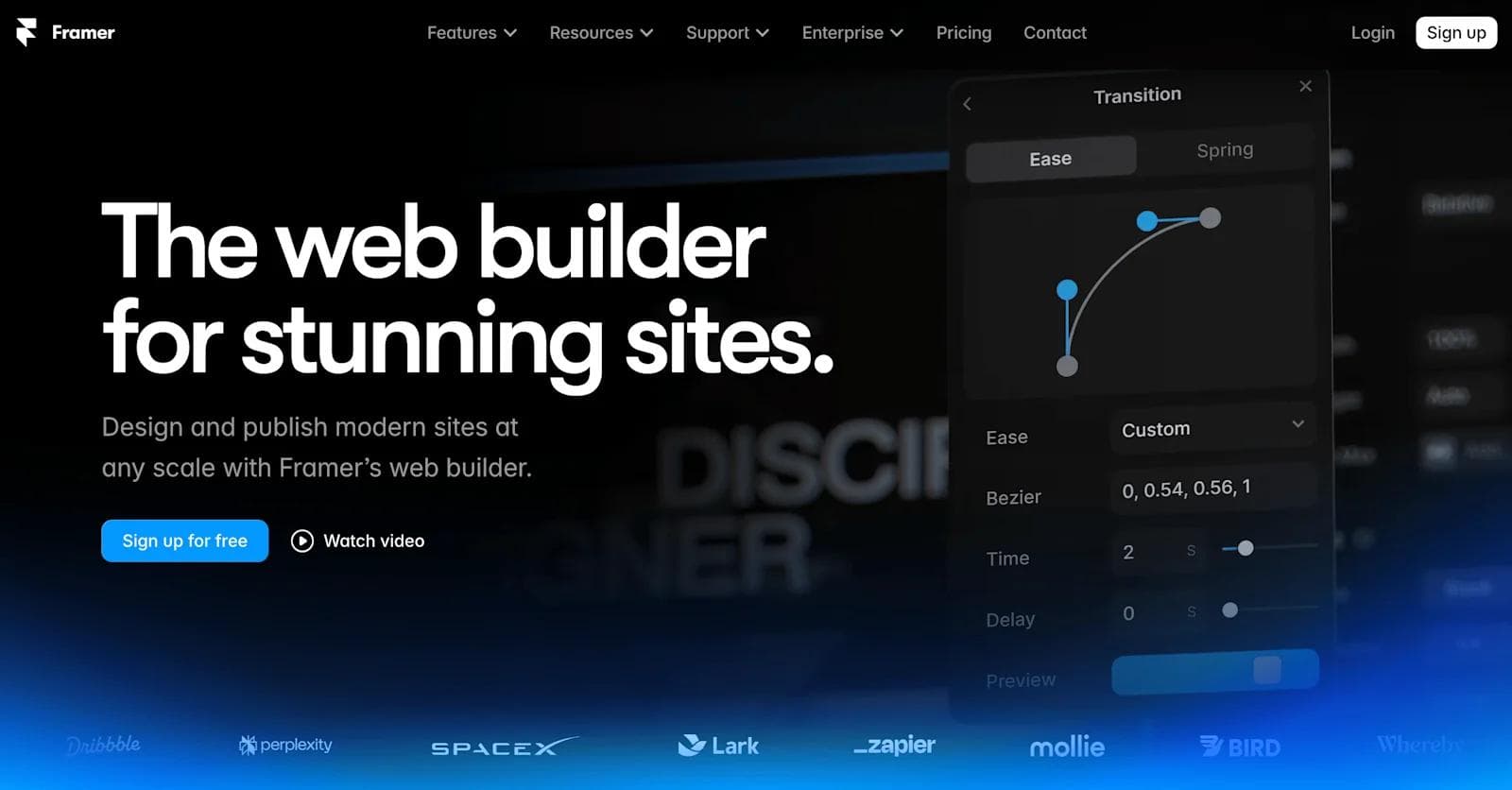 framer web design A landing page for Framer, showcasing a web builder with options for custom transitions and signing up for free.