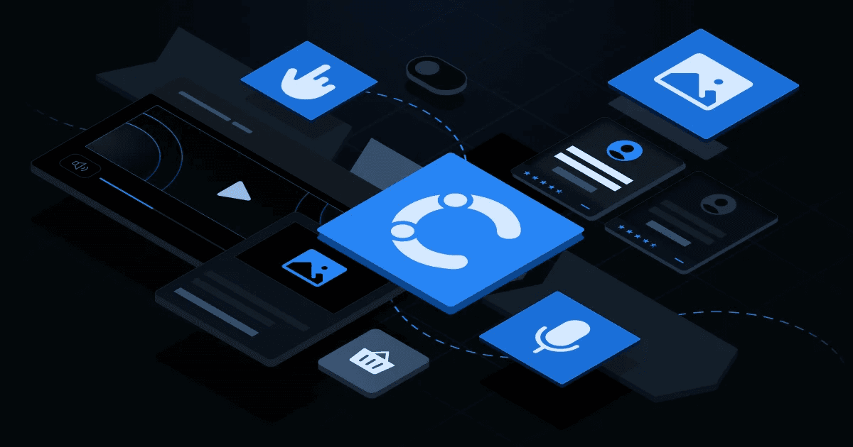 Abstract digital design featuring interconnected icons for media and communication on a dark background.