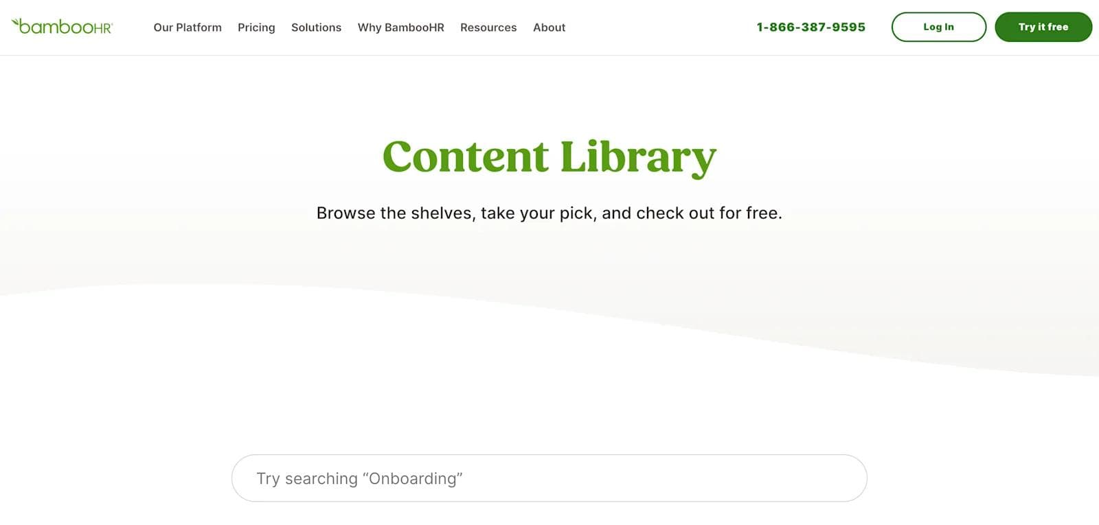 bamboo resources BambooHR website screenshot featuring the Content Library page with search bar and browsing instructions.