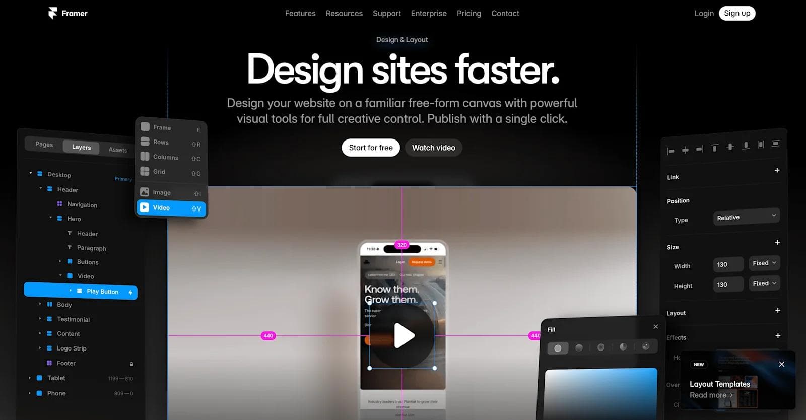 framer features Interface of a website design tool showcasing layers, templates, and a video player on a dark background.