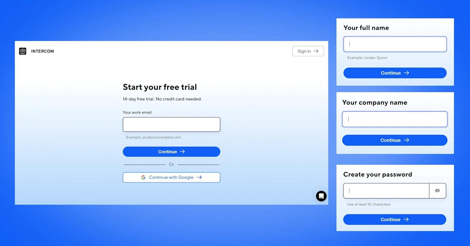 Intercom form Registration page for Intercom's free trial, requesting email, full name, company name, and password creation.