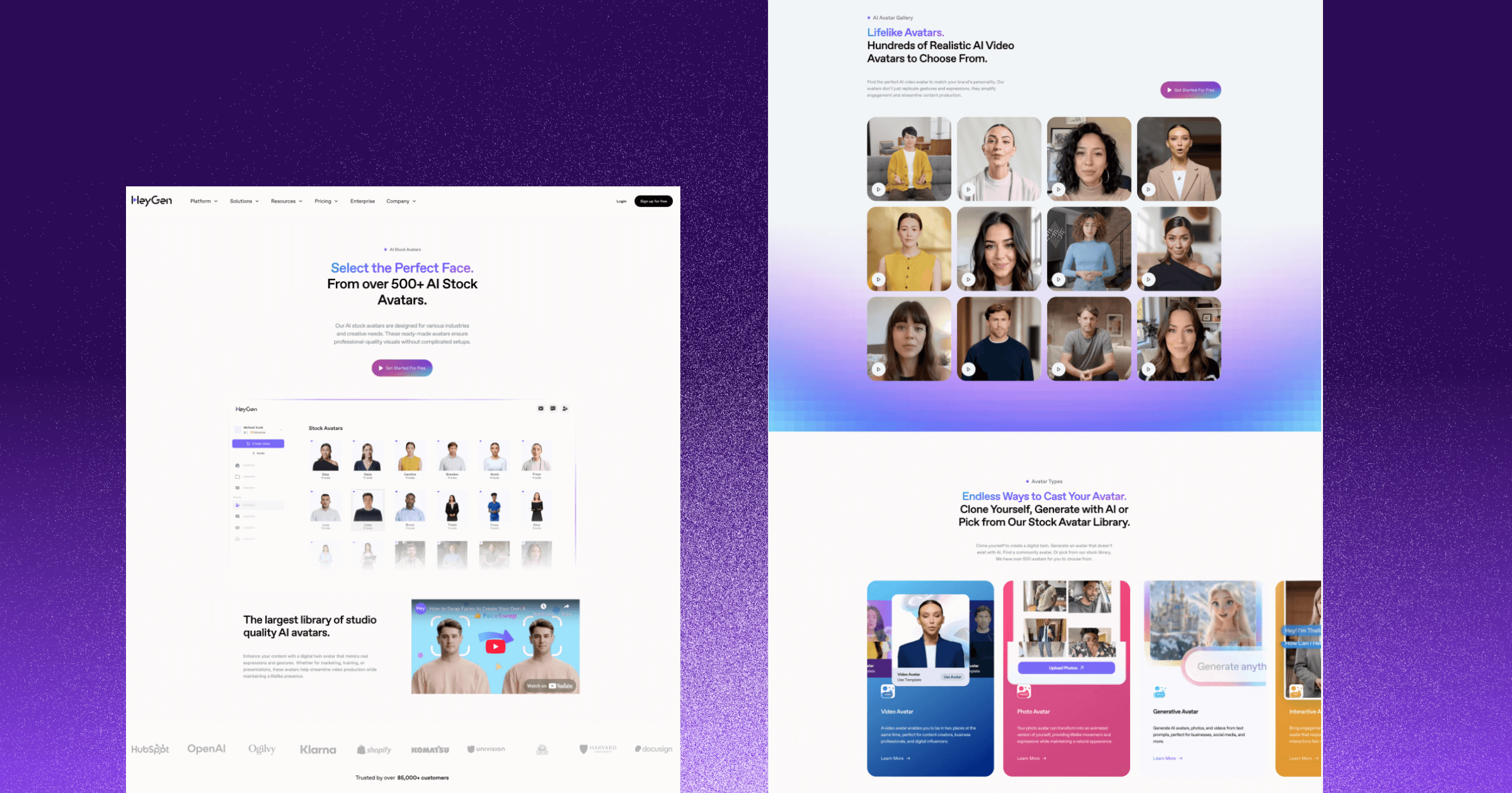 Screenshot of HeyGen website showcasing AI avatars and customization options.