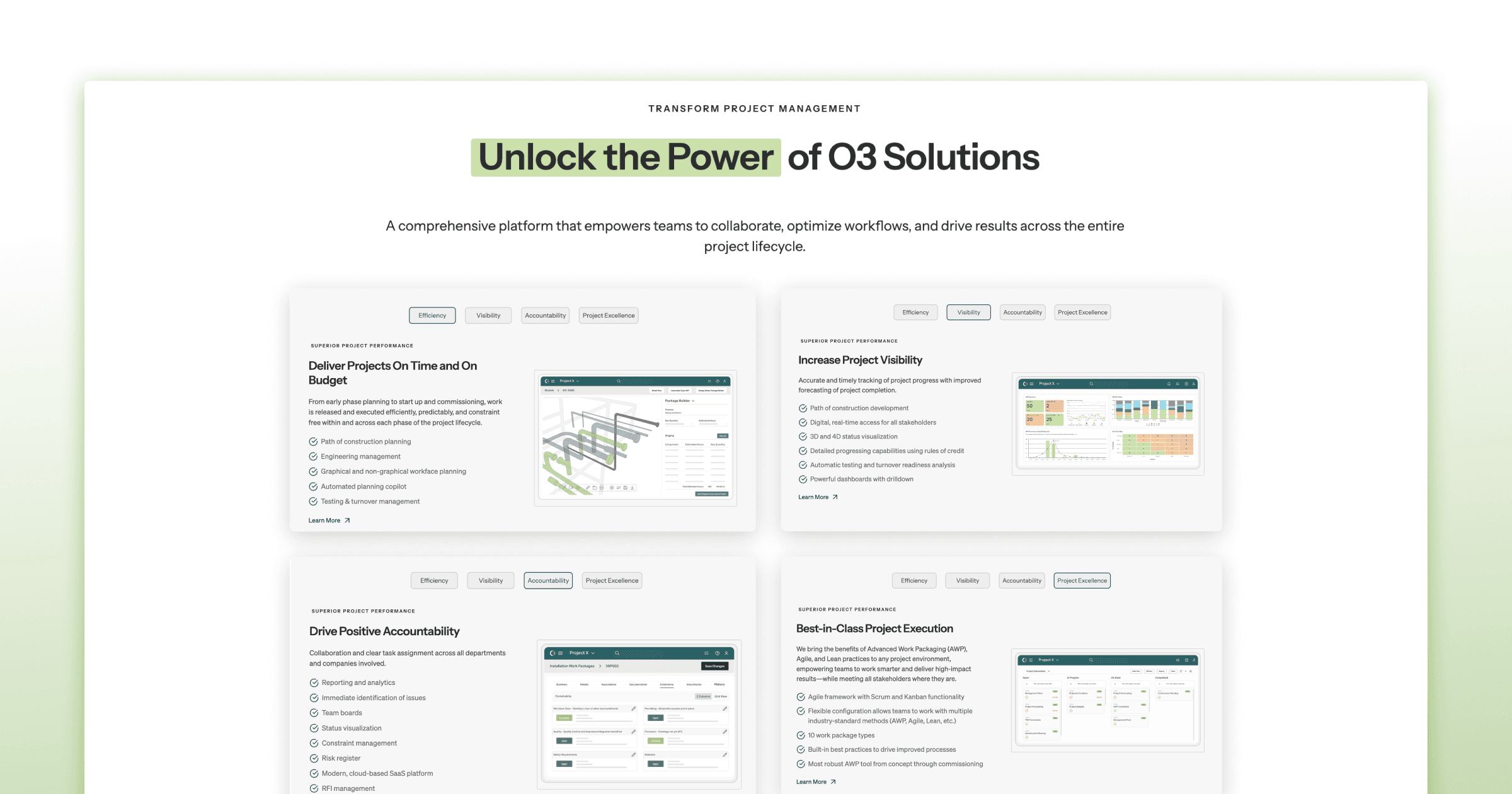 A project management platform showcasing features for efficiency, visibility, accountability, and project execution.