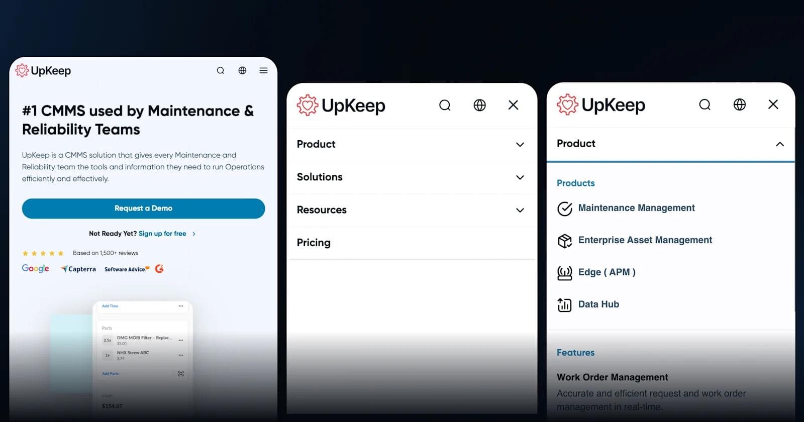 UpKeep Mobile Menu Design UpKeep website displaying CMMS solutions, demo request button, product features, and user ratings.