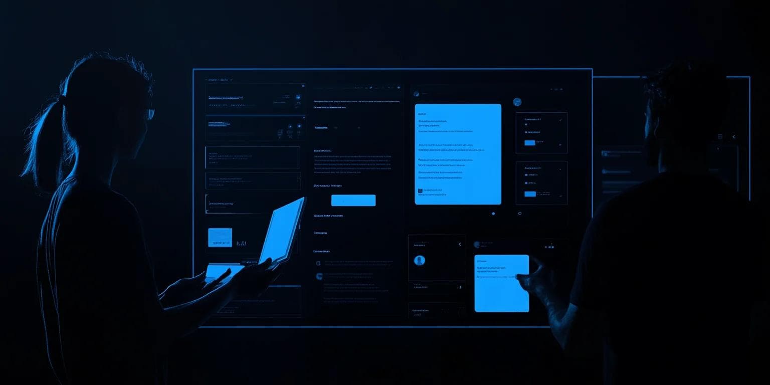 Two silhouetted figures interact with a glowing digital display in a dark environment.