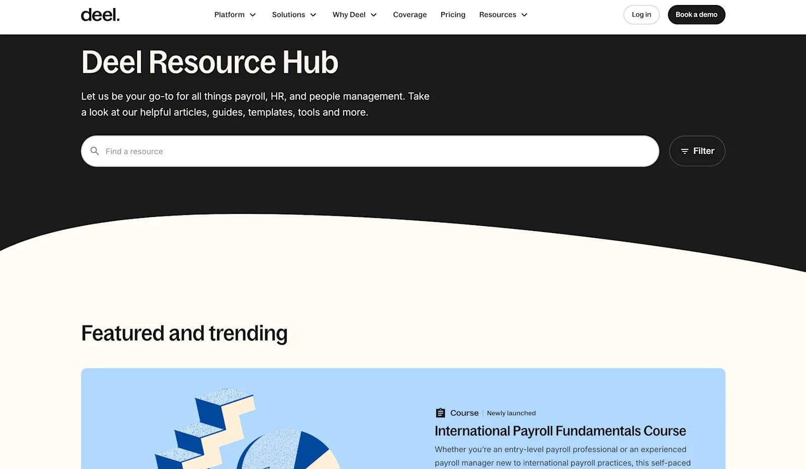 deel resources Deel Resource Hub webpage featuring HR, payroll resources, and a newly launched International Payroll Fundamentals course.