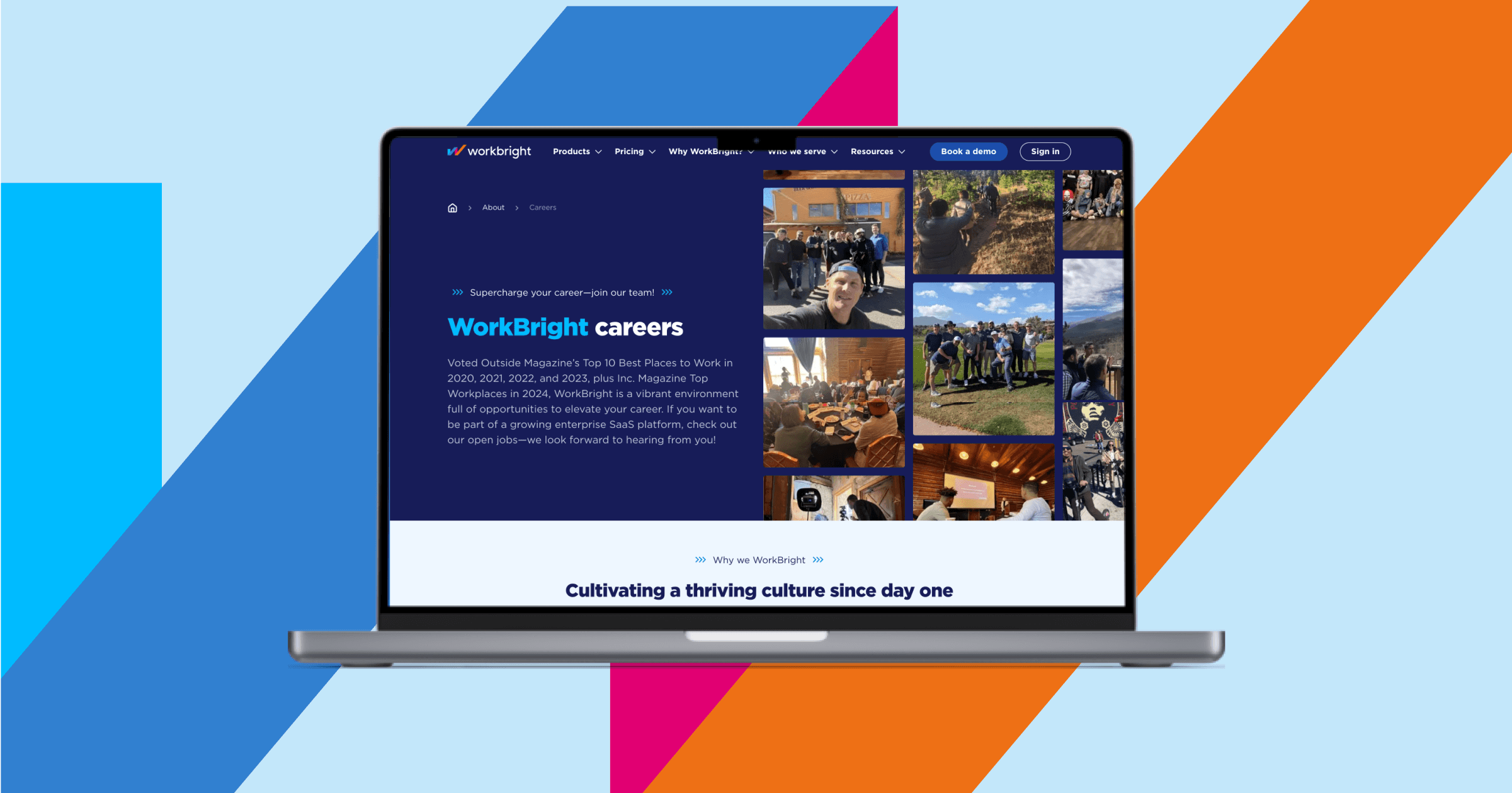 Laptop displaying the WorkBright careers page with vibrant colors and team photos.