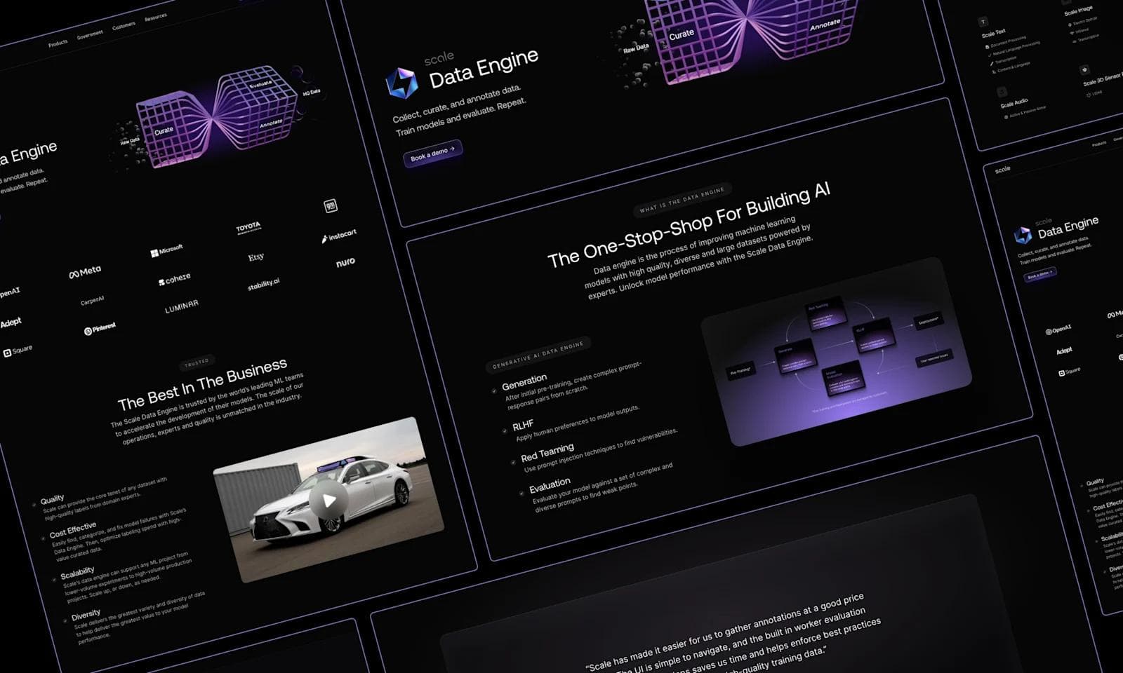 Scale product page Web design showcasing the Scale Data Engine, featuring data annotation, AI tools, and client logos on a dark background.