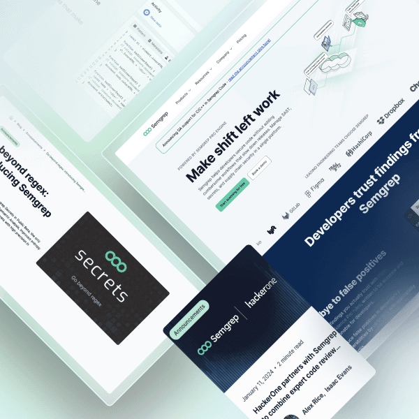 Screenshots of Semgrep website features and announcements highlighting code security tools and collaboration.
