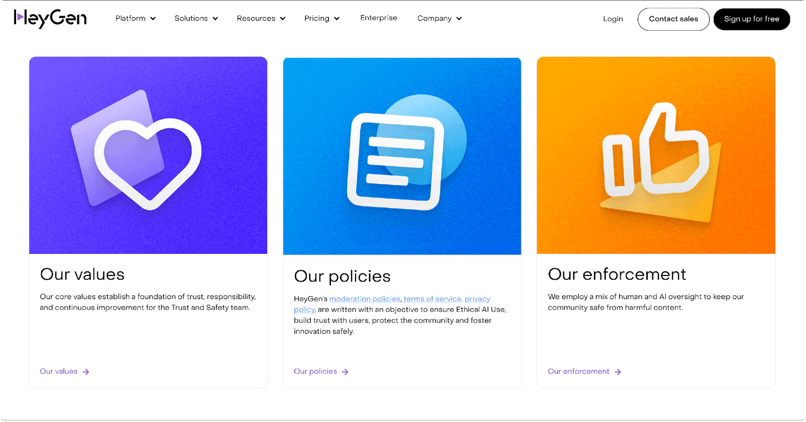 Three sections titled "Our values," "Our policies," and "Our enforcement," highlighting trust and safety principles.