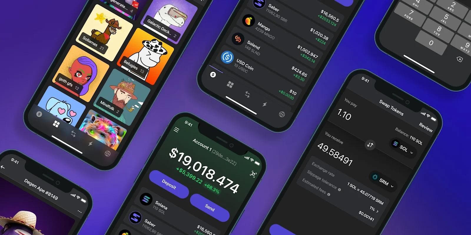 Phantom wallet Several iPhones showing different screens within the Phantom mobile app interface.