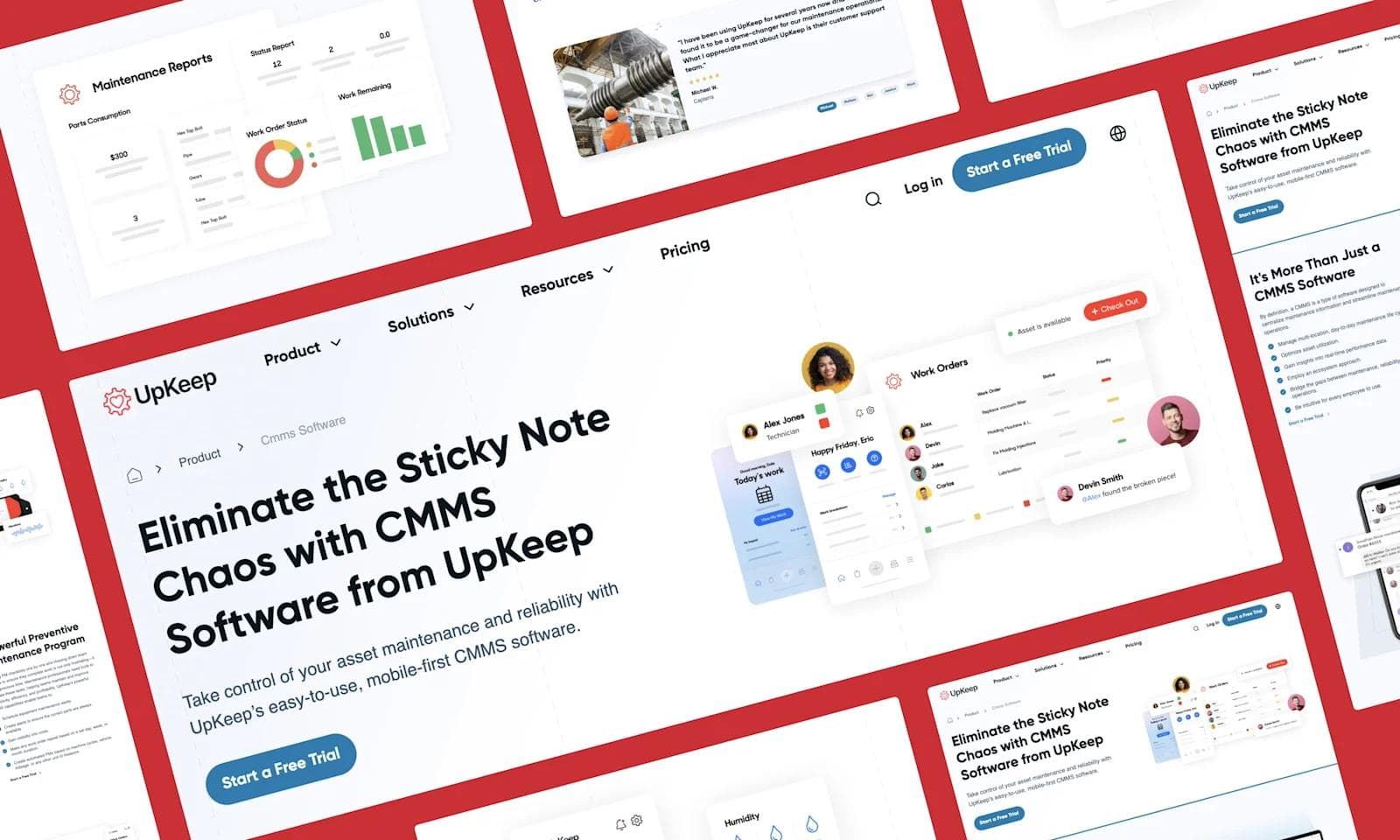 UpKeep product page Screenshot of UpKeep's CMMS software homepage featuring reports, work orders, and user testimonials on a red background.