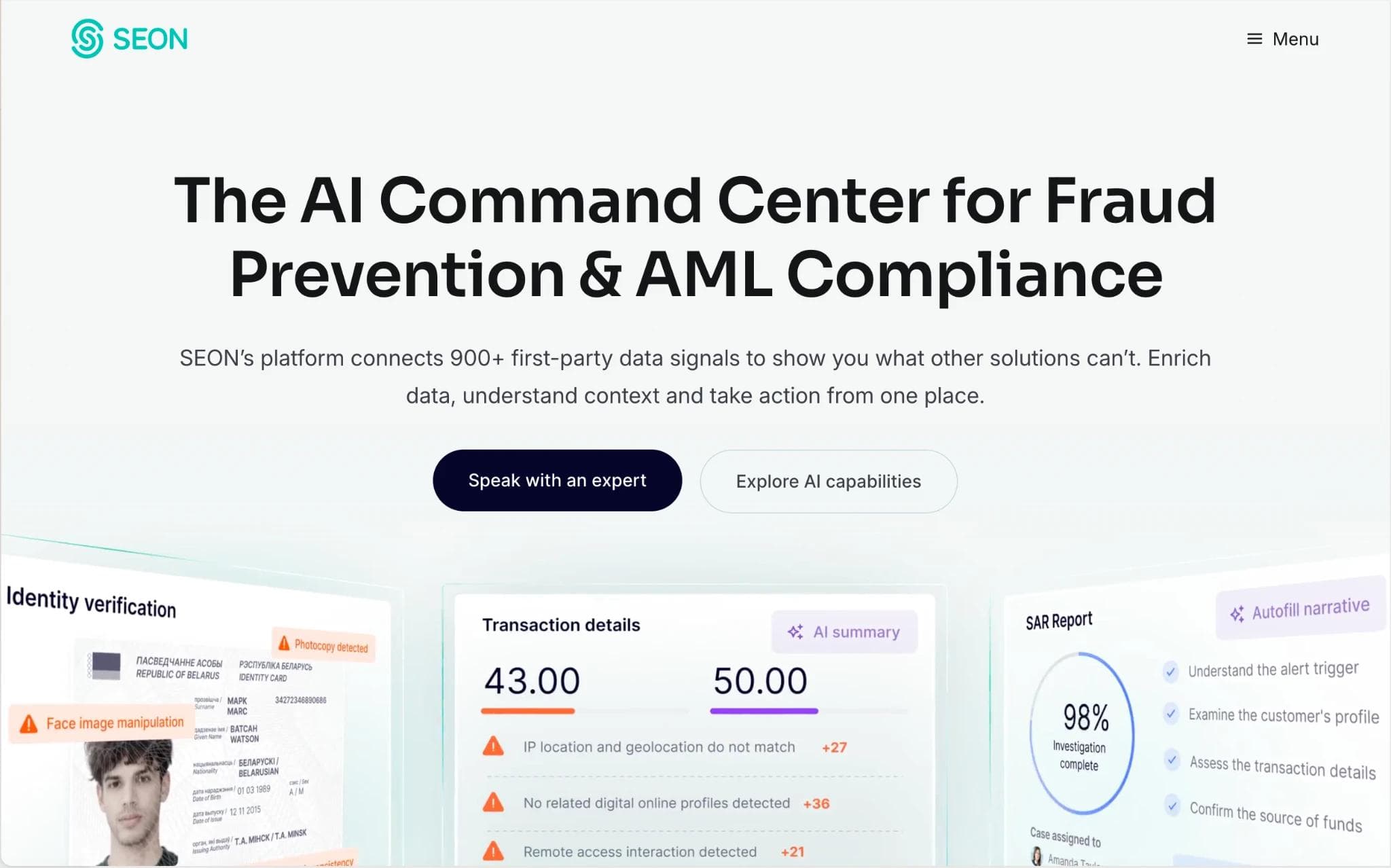 SEON fintech homepage web design