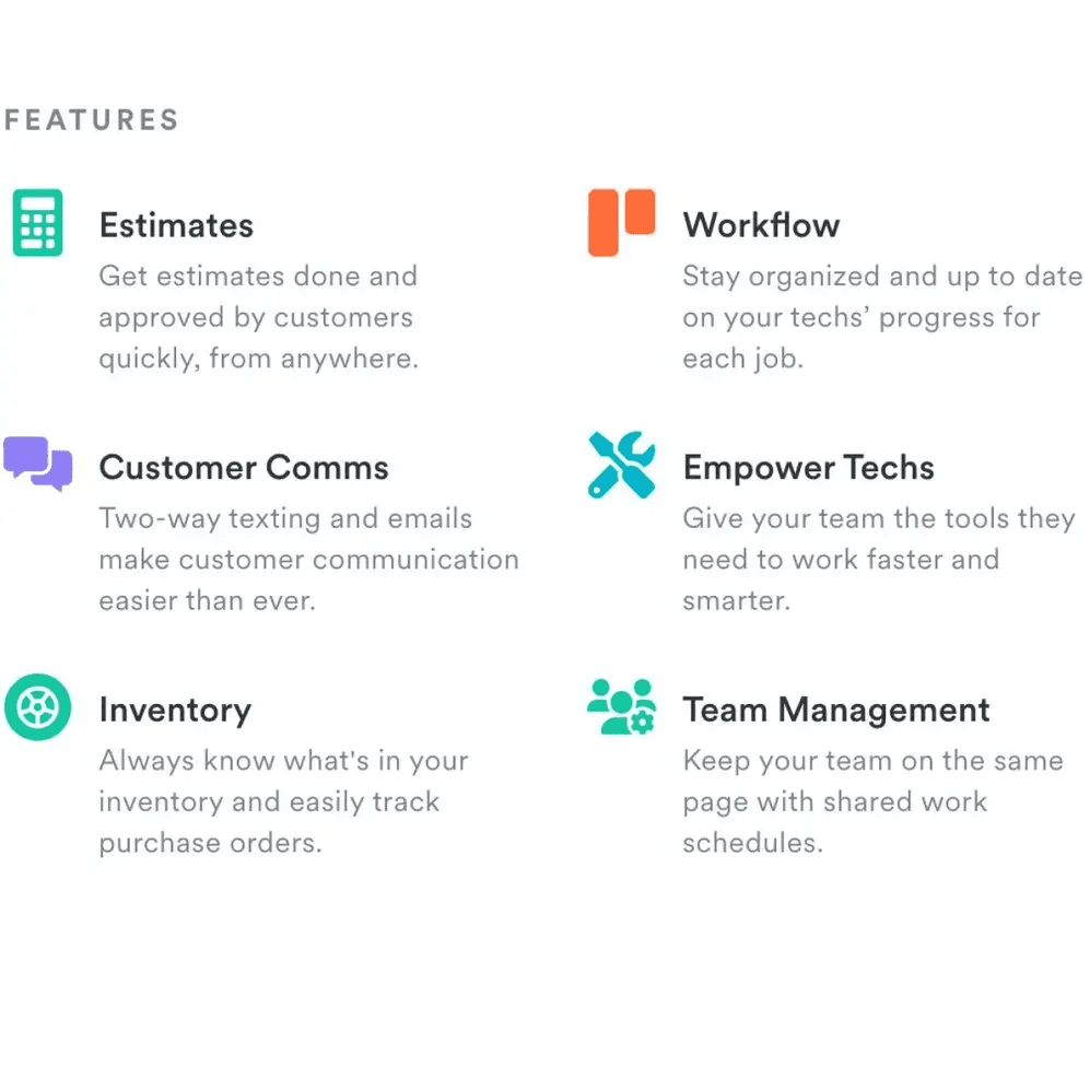 A summary of features: estimates, workflow, customer communication, tech empowerment, inventory, and team management tools.