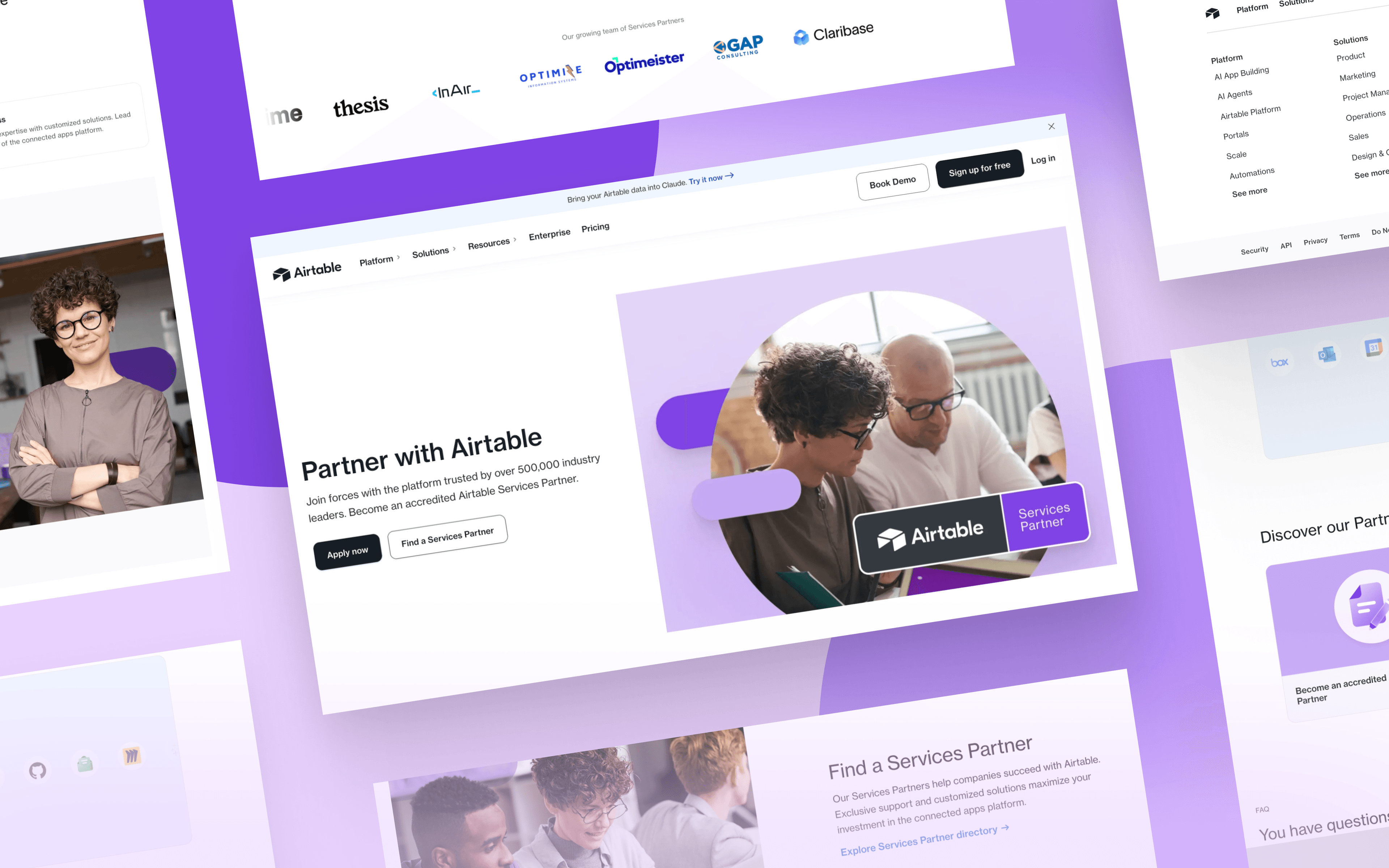Screenshots of components from the Airtable partners page and partner directory.