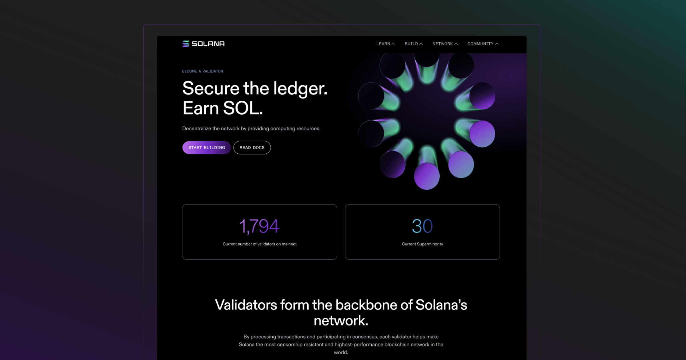 Solana webpage promoting validator participation with stats on active validators and supermajority.