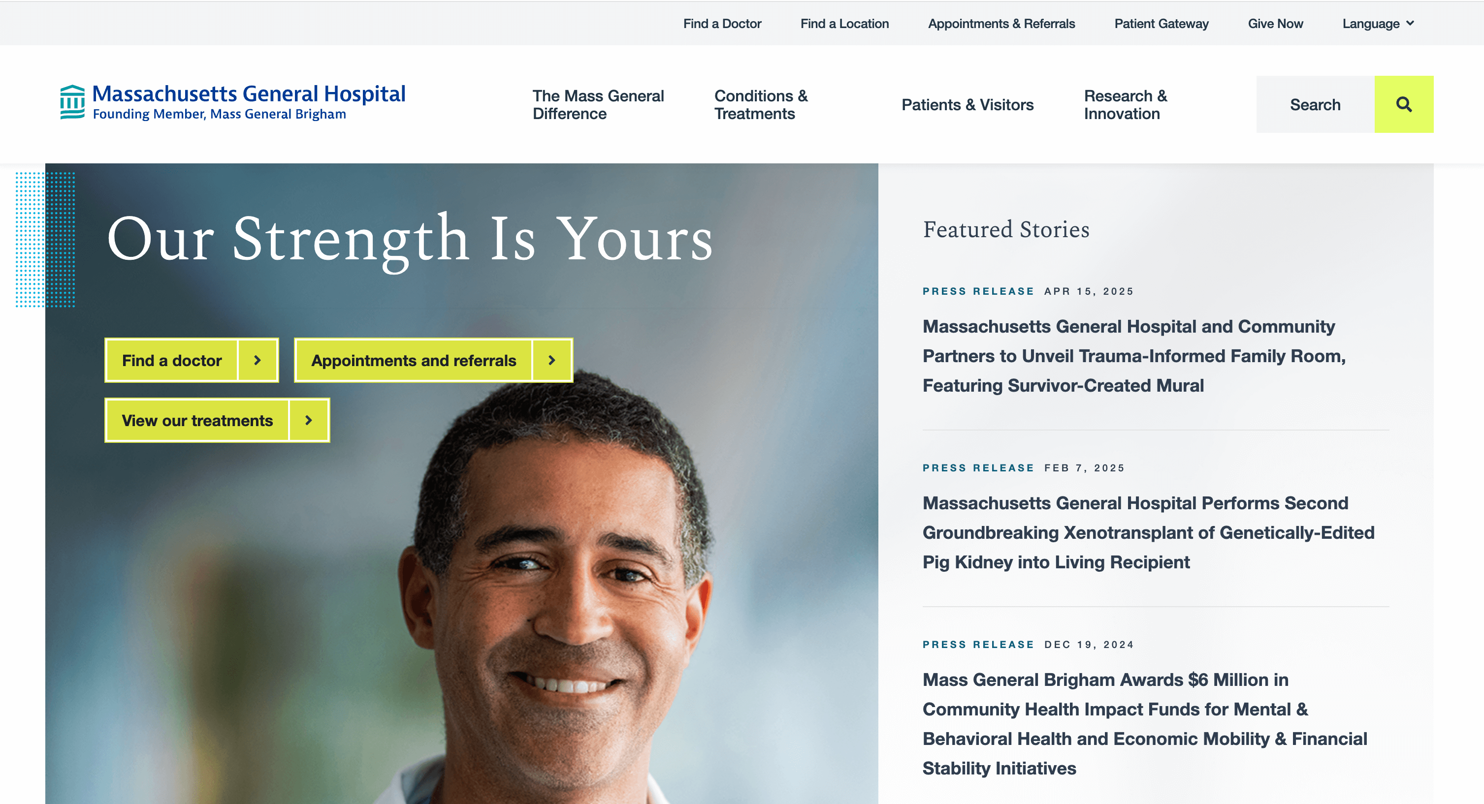 Homepage of Massachusetts General Hospital featuring navigation options and a smiling man.