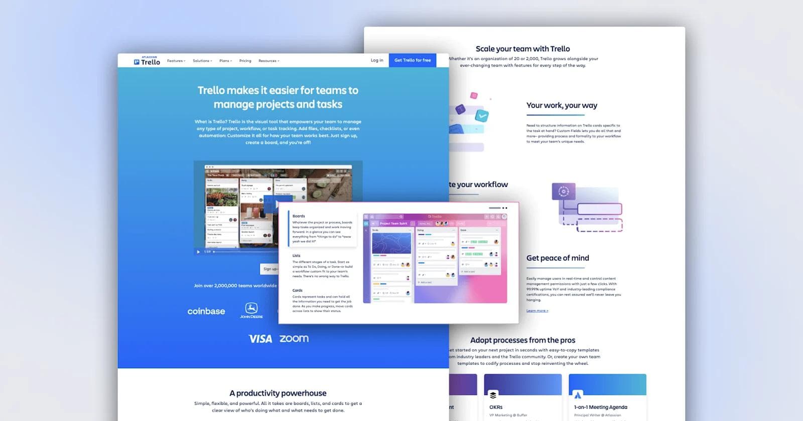 Trello - Demo page Trello homepage showcasing project management features with screenshots and descriptions of boards, lists, and cards.