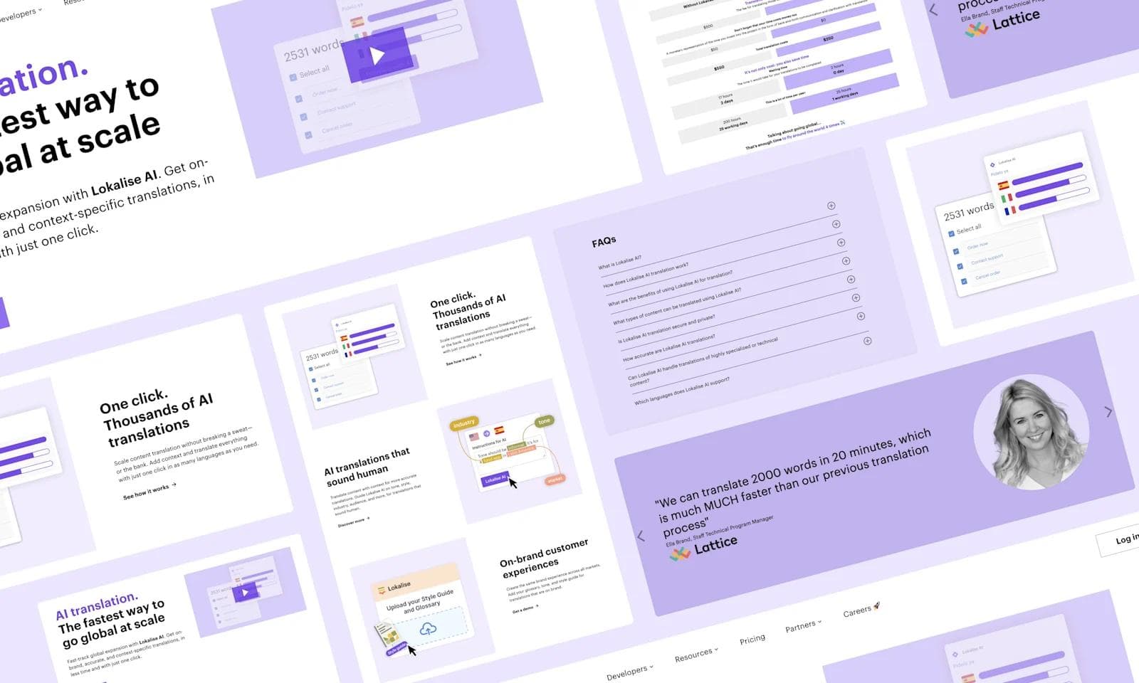 Lokalise Product Page Website mockup showcasing AI translation with features, FAQs, testimonials, and a focus on efficiency and scalability.