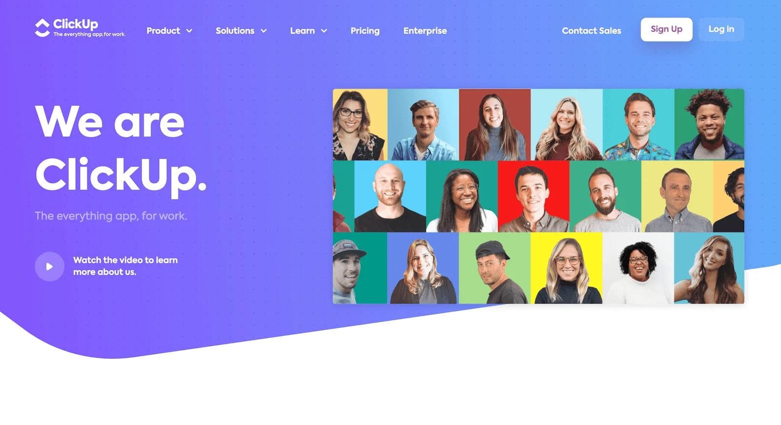 clickup about Colorful collage of diverse individuals smiling, promoting ClickUp, an all-in-one work app.