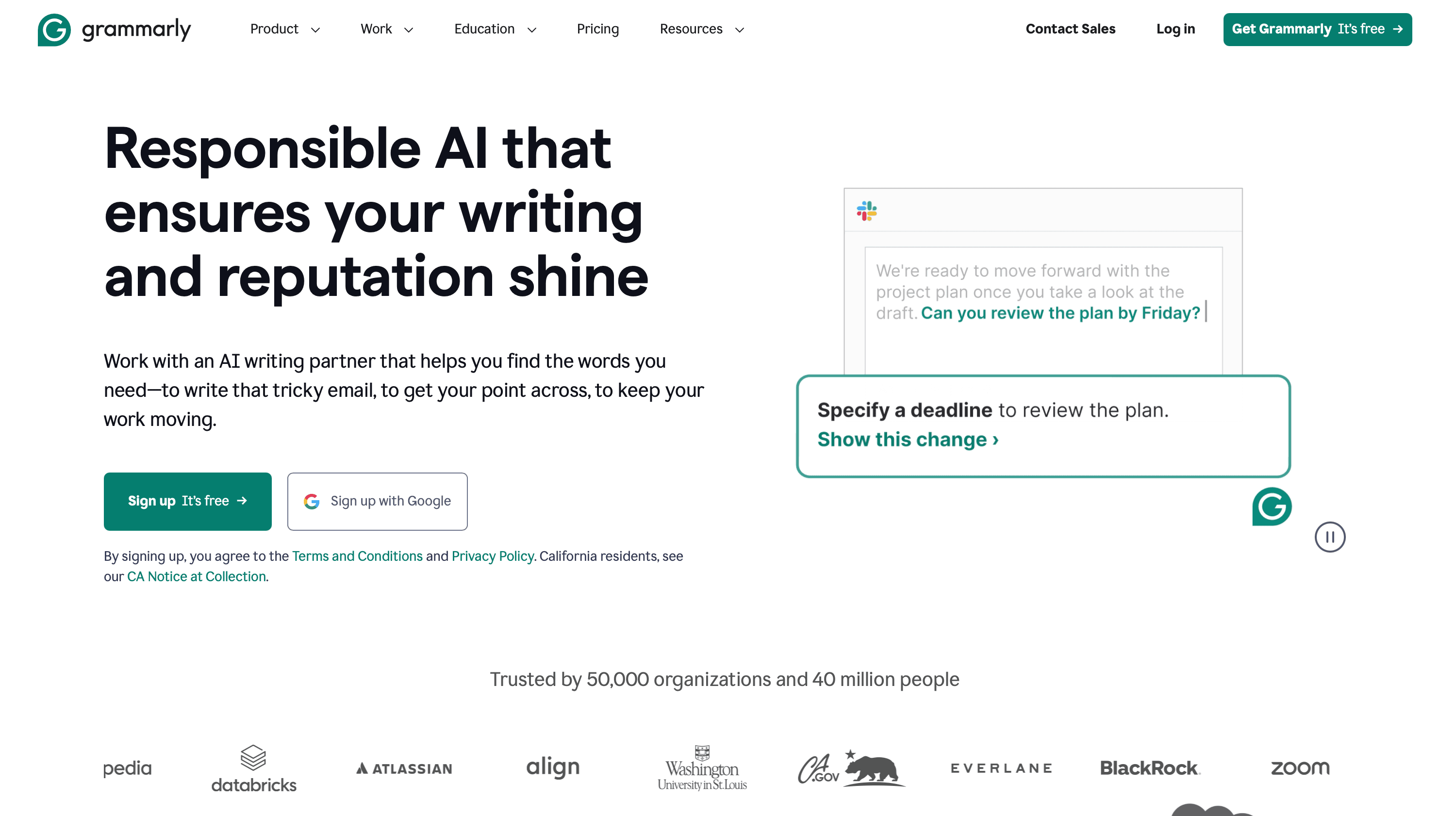 Grammarly webpage showcasing AI writing assistance with a call to action to sign up for free.