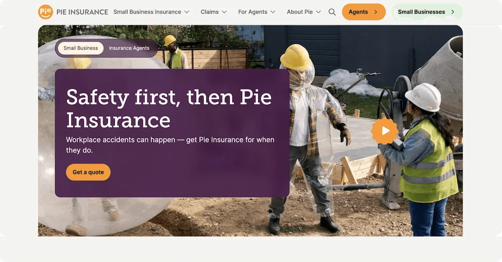 pie insurance homepage Homepage of Pie Insurance emphasizing workplace safety and offering quotes for small business insurance.