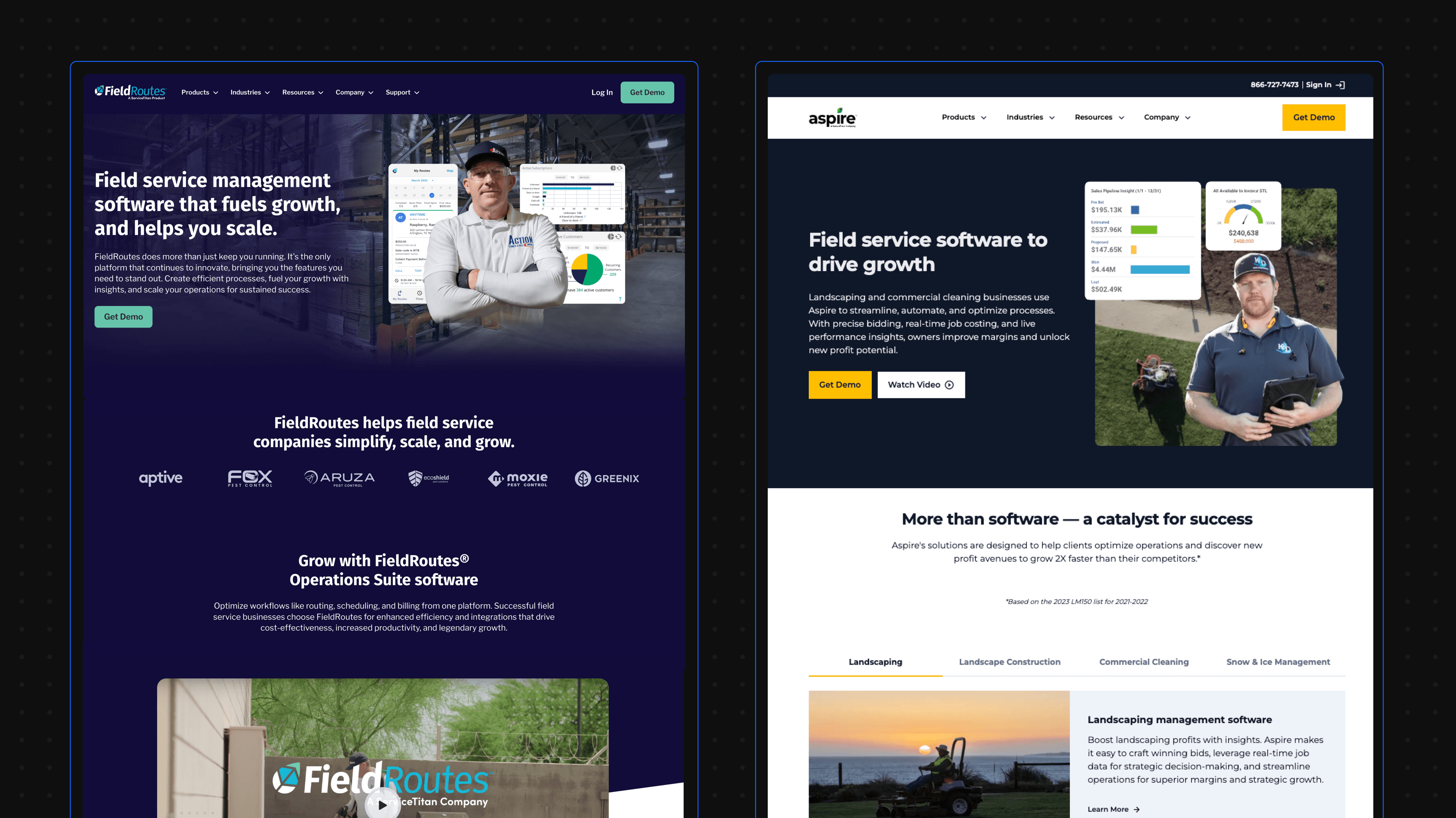 Field Routes and Aspire homepage screenshots