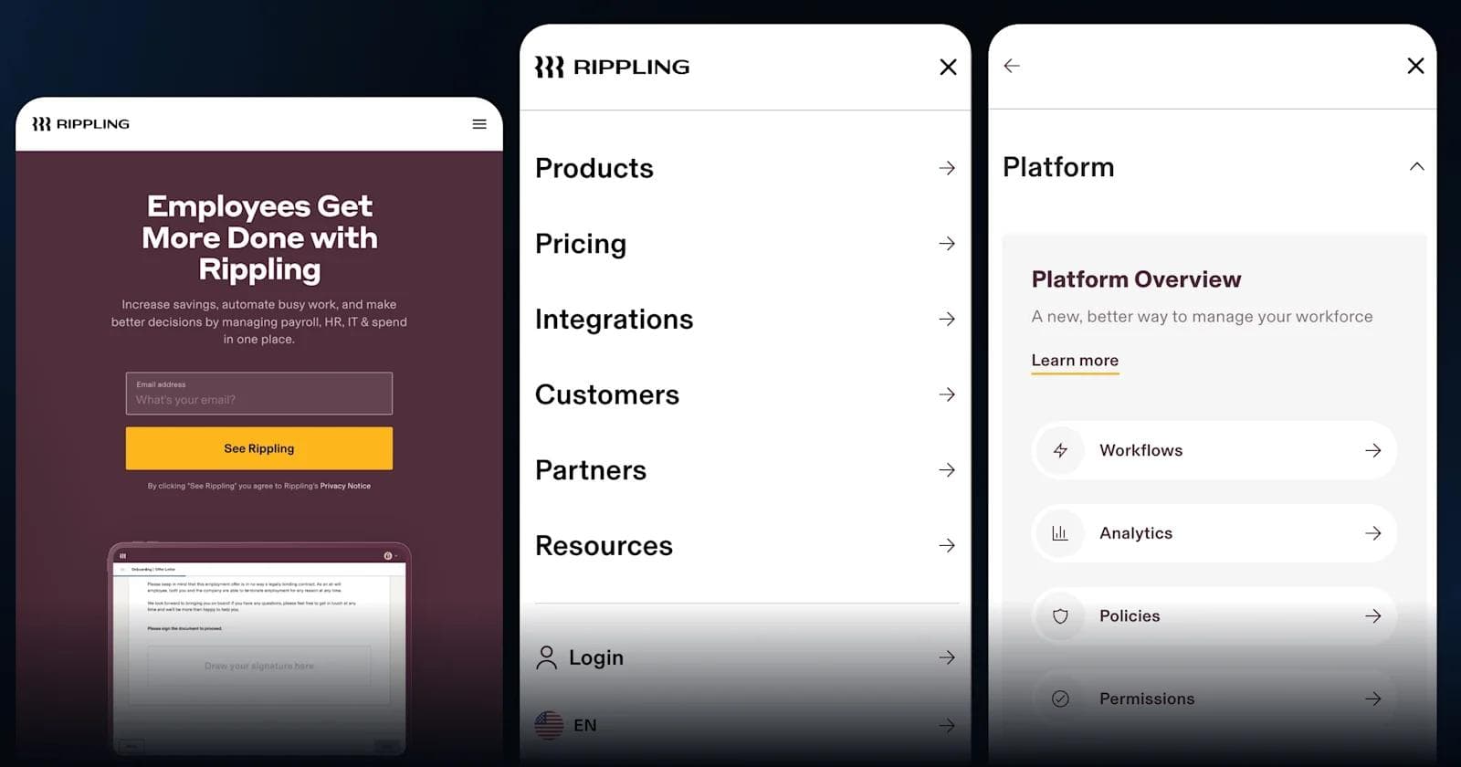 Rippling Mobile Navigation Design Screenshot of the Rippling website showcasing employee management features, including products and platform overview.