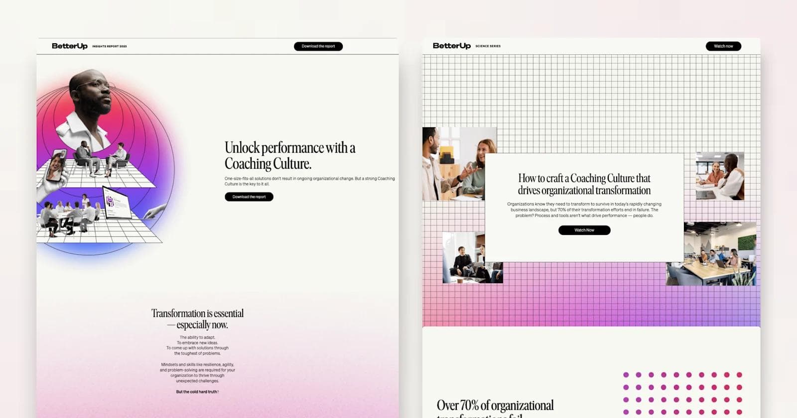 BetterUp Landing pages Overview of a report on coaching culture for organizational transformation, featuring visuals of diverse teams collaborating.