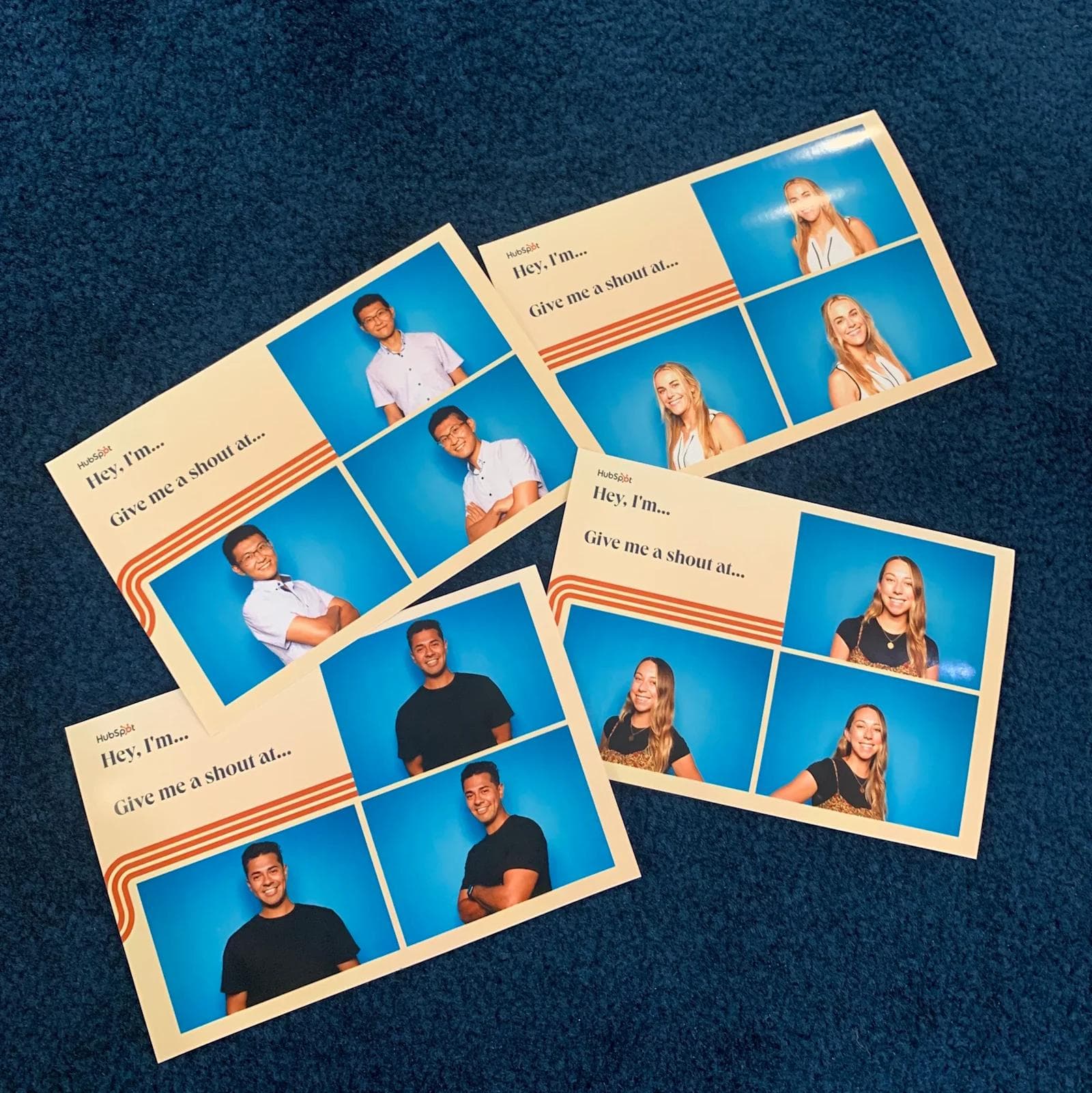 Eric BTB 5 Four photo cards featuring individuals in front of a blue backdrop, each introducing themselves.