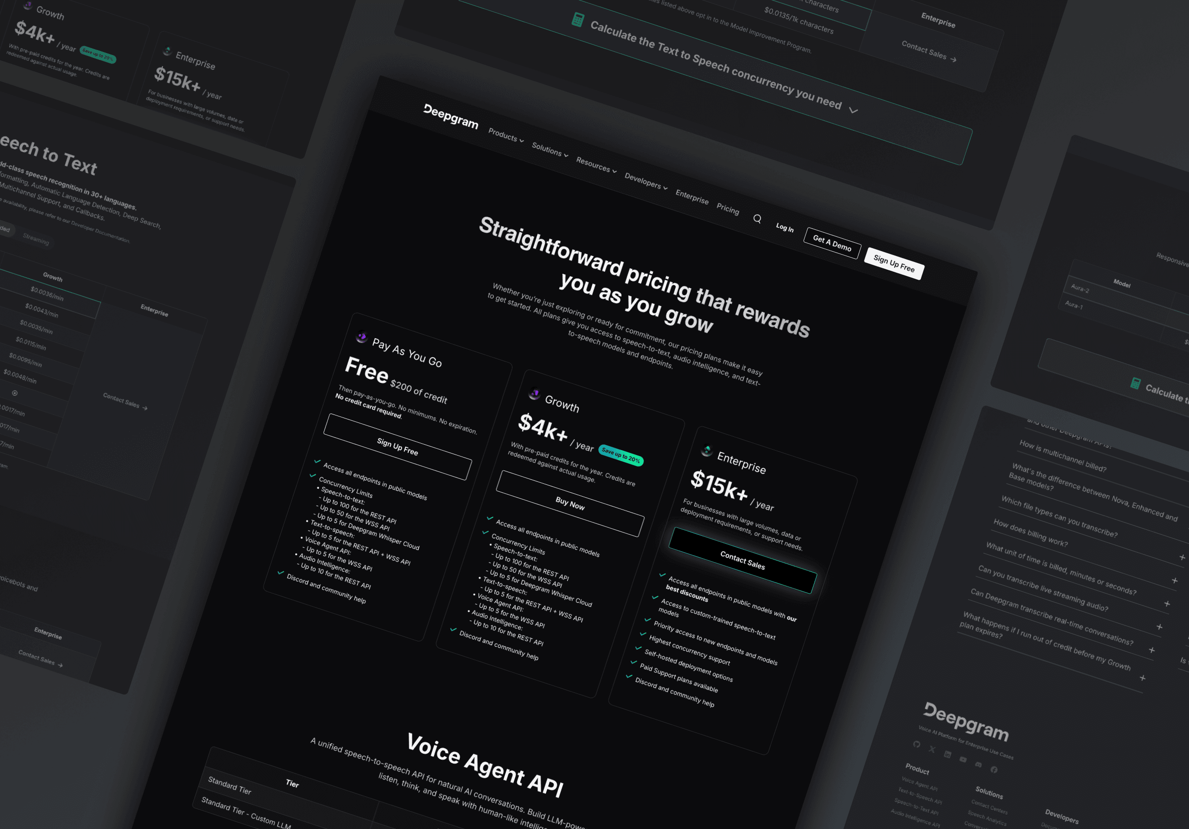 Deepgram pricing page featuring plans: Free, Growth ($4k+/year), and Enterprise ($15k+/year) with details on services.