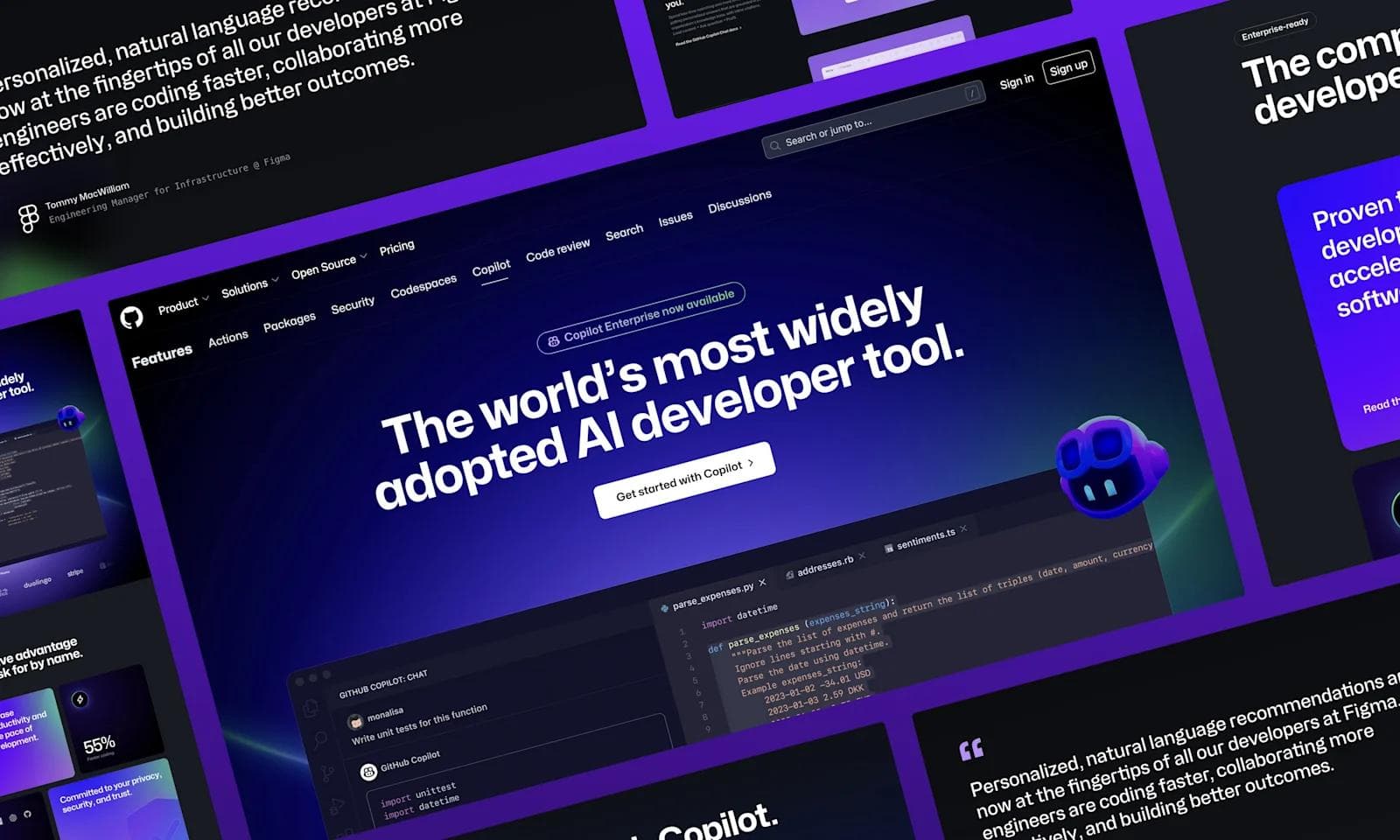GitHub product page A digital collage showcasing GitHub Copilot as the leading AI developer tool with coding examples and features.