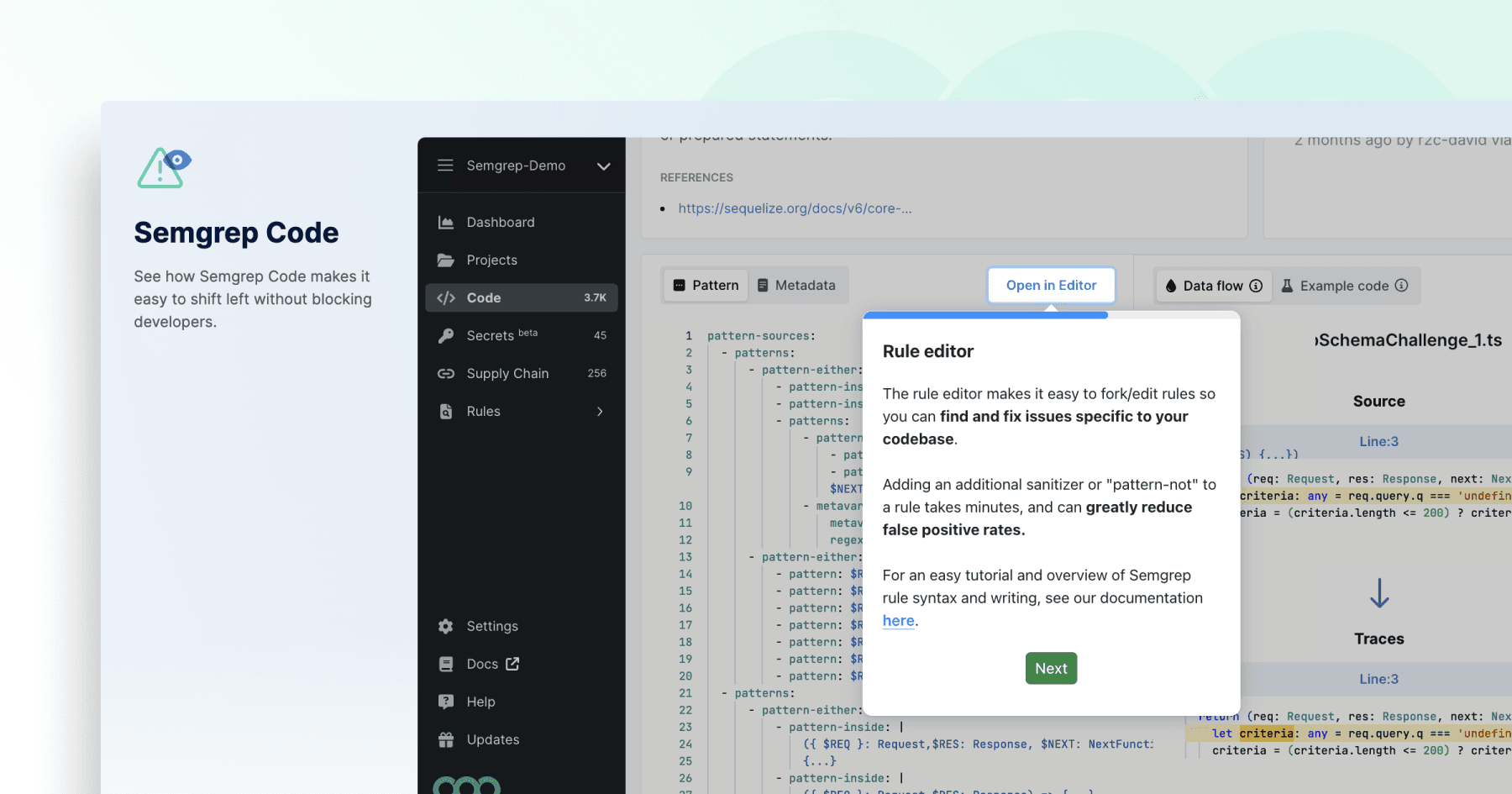 Screenshot of Semgrep Code interface highlighting the rule editor for code analysis and issue resolution.