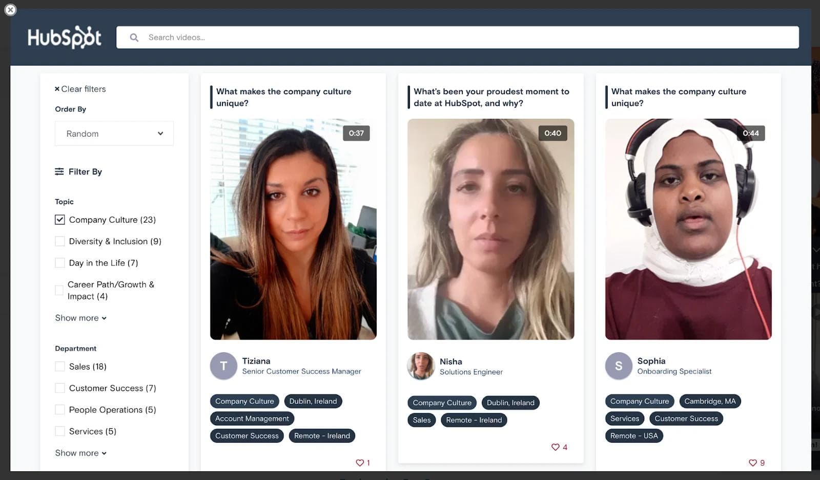 hubspot-employee-testimonial Grid of three employee video thumbnails discussing HubSpot's company culture and personal experiences.