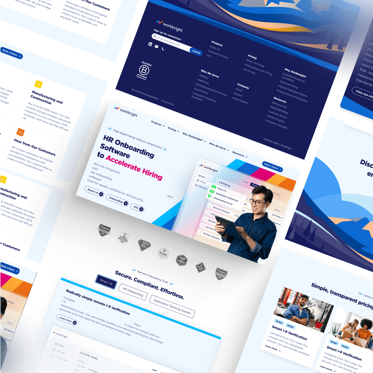 Collage of website designs for WorkBright, showcasing HR onboarding software and features for efficient hiring.